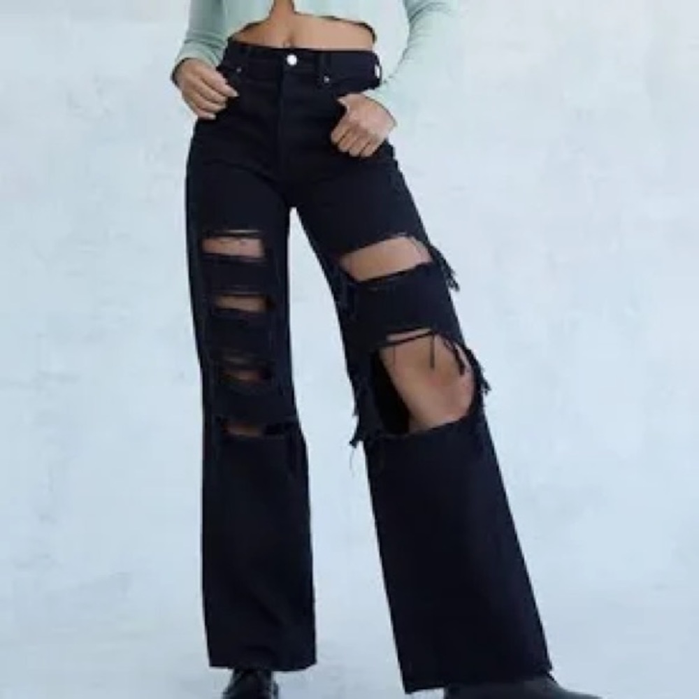PacSun Black Baggy Distressed Wide Leg Jean (25W)